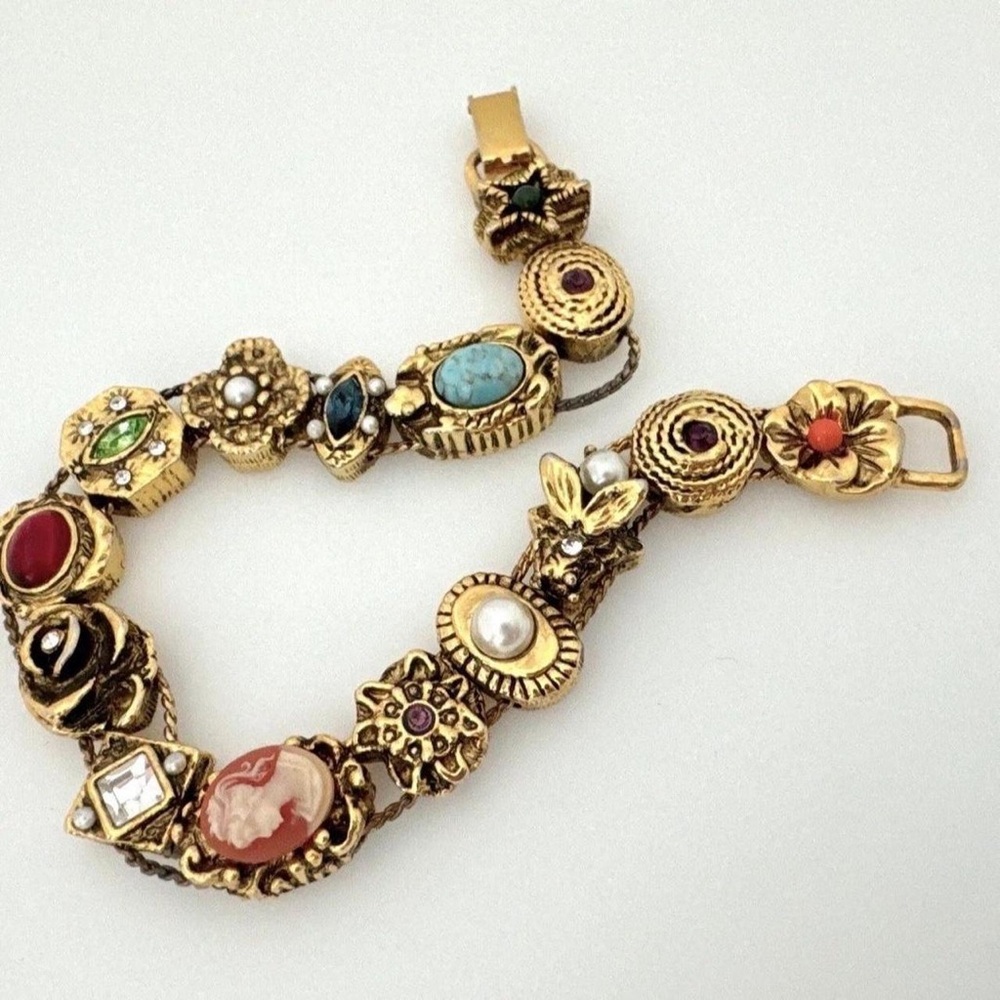 Vintage Gold Multi-Gem Charm Bracelet
